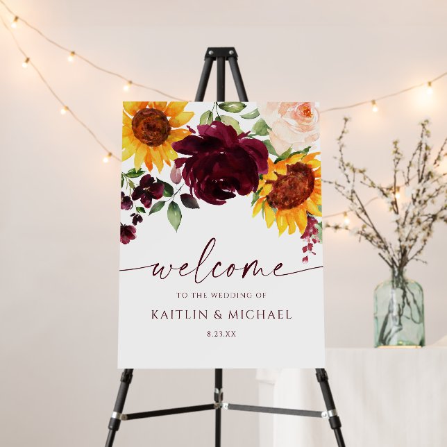 Wedding Welcome Sign Sunflowers Burgundy Rose (In Situ (Stand))
