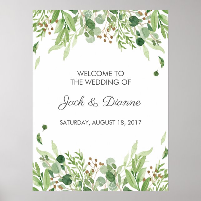 Wedding Welcome Sign Watercolour Green floral (Front)