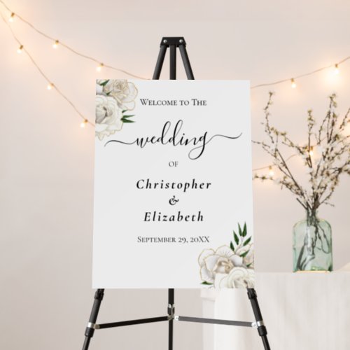 Wedding Welcome Sign White Floral Roses Gold Trim