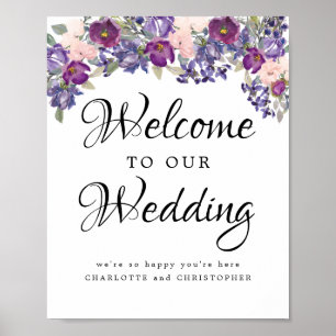 Wedding Welcome Sign with Purple and Pink Flowers