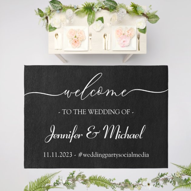 Wedding Welcome Signature Elegant Black Event Outdoor Rug