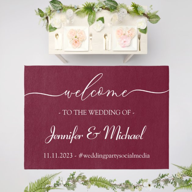 Wedding Welcome Signature Elegant Burgundy Event Outdoor Rug