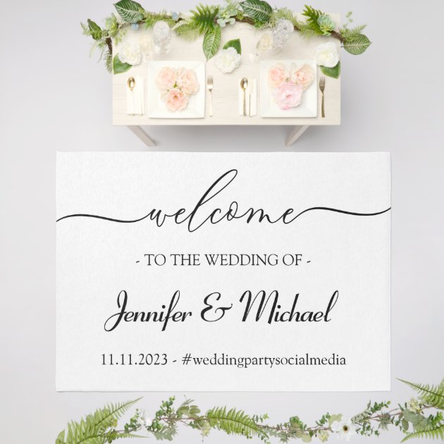 Wedding Welcome Signature Elegant White Event Outdoor Rug