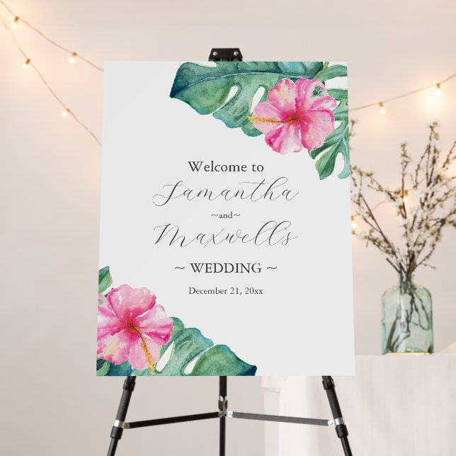 Wedding Welcome Signs Pink Hibiscus Flowers (In Situ (Stand))