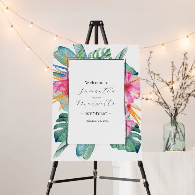 Wedding Welcome Signs Watercolor Tropical Flowers (In Situ (Stand))