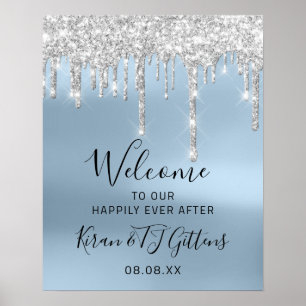 Wedding Welcome Silver Gray Drips Blue Event Poster