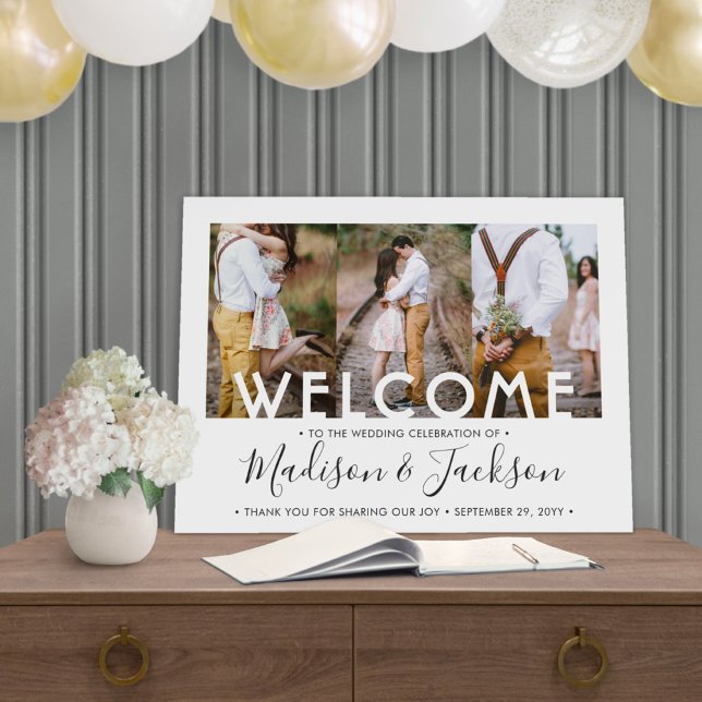 Wedding Welcome Simple Elegant 3 Photo Collage Foam Board (Creator Uploaded)