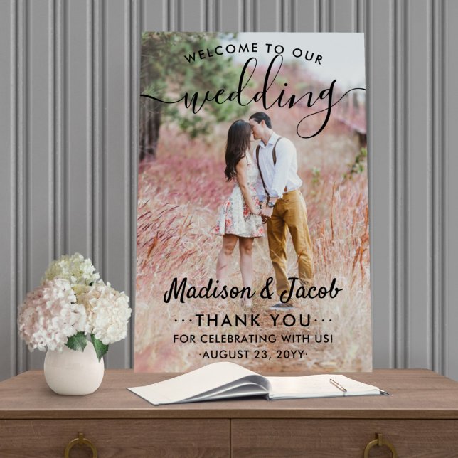 Wedding Welcome Simple Modern Black Script Photo Foam Board (Creator Uploaded)