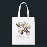 Wedding Welcome Southern Magnolia Grocery Bag<br><div class="desc">Favor welcome bags for a southern wedding. Hand out to member of the wedding party, or give to guests at a destination wedding event. White magnolia flowers decorate both sides of this white grocery bag. Personalize with "welcome to" and location of event. The location text will also be printed on...</div>