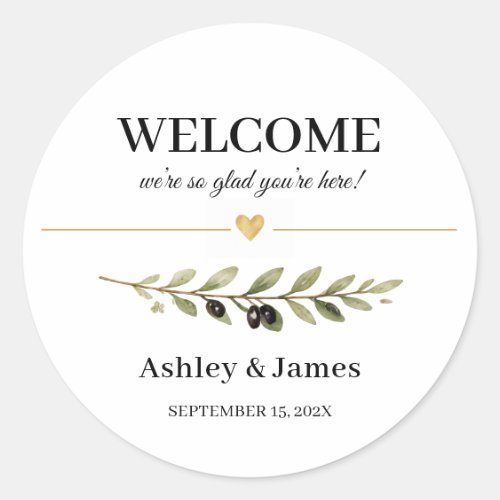 Wedding Welcome Stickers | Round Olive Leaf Labels