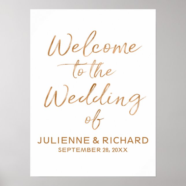 Wedding Welcome Stylish Rose Gold Lettered Sign (Front)