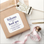 Wedding Welcome Thank You Hotel Custom Favor Bag Square Sticker<br><div class="desc">Make your wedding and out of town guests feel special with this welcome/thank you sticker for gift and favor bags. Personalize by adding your wedding location, 2 lines of custom text and your names. Timeless and classic, yet chic and stylish . . . perfect for favor bags, treat bags, cookies,...</div>