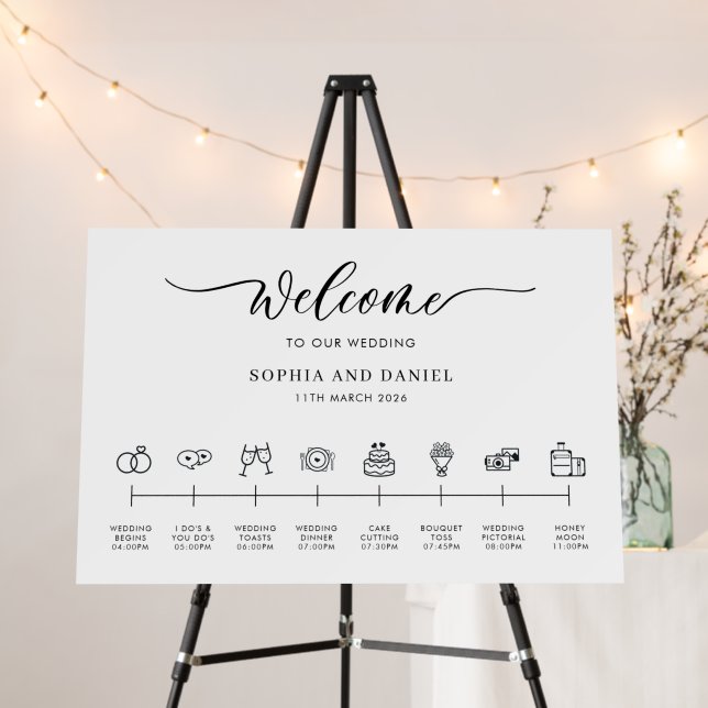 Wedding Welcome Timeline Icons Back White Clean Foam Board (In Situ (Stand))