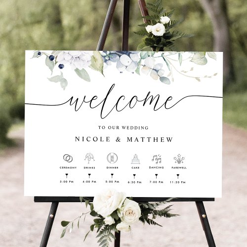 Wedding Welcome Timeline White Blue Floral Sign