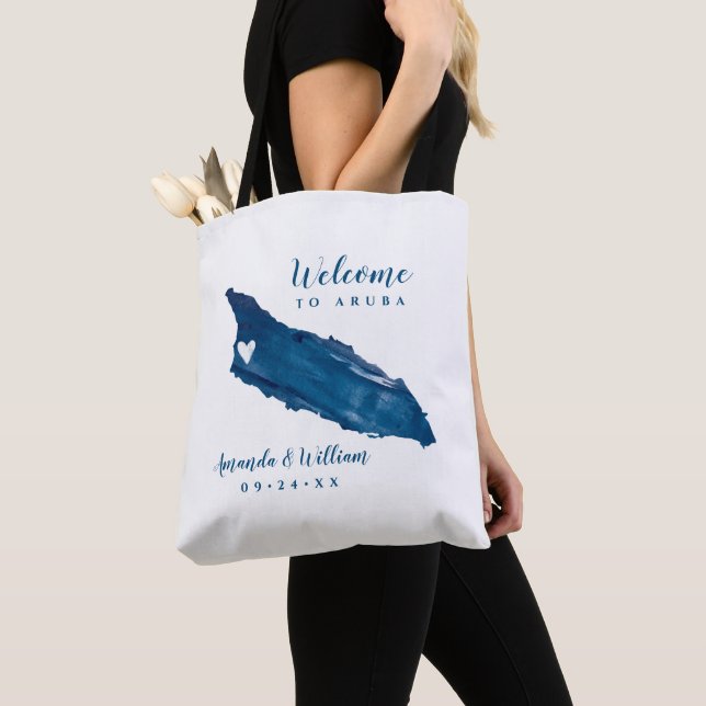 Wedding Welcome to Aruba Blue Map Movable Heart Tote Bag (Close Up)