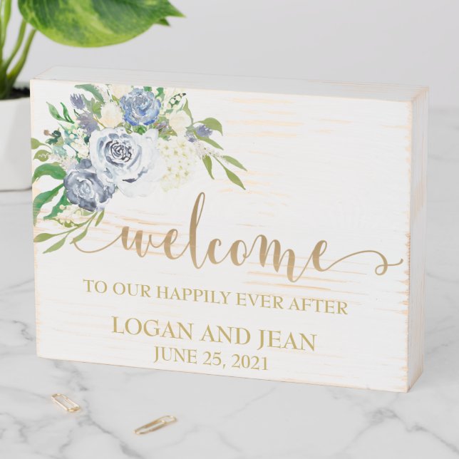 Wedding Welcome to Happily Ever After Blue Ivory Wooden Box Sign (In Situ Horizontal)