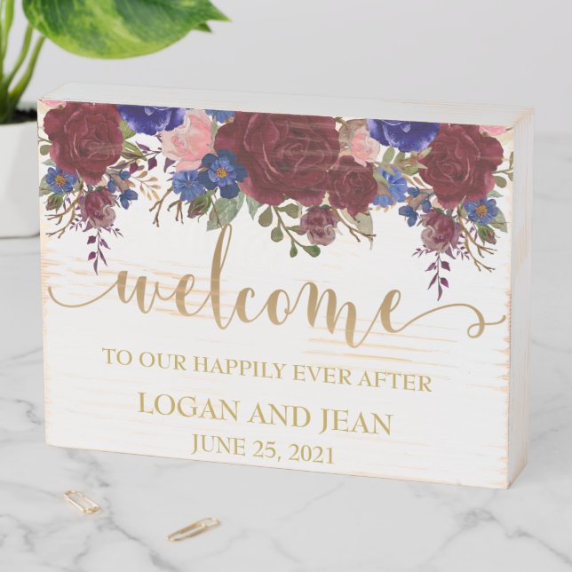 Wedding Welcome to Happily Ever After Burgundy Wooden Box Sign (In Situ Horizontal)