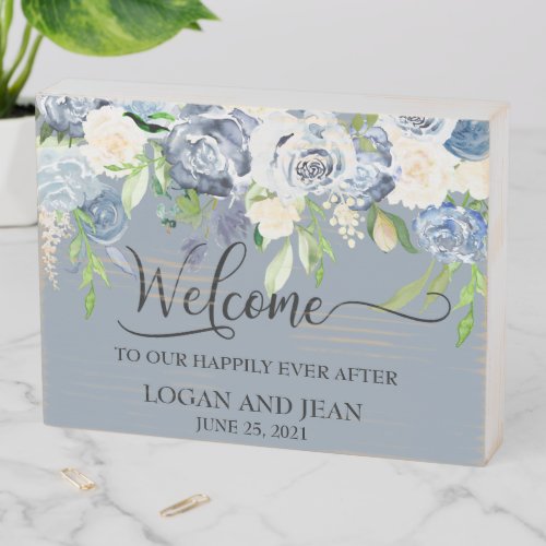 Wedding Welcome to Happily Ever After Dusty Blue Wooden Box Sign