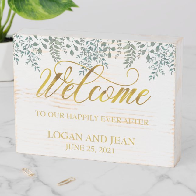 Wedding Welcome to Happily Ever After Leaf Foliage Wooden Box Sign (In Situ Horizontal)