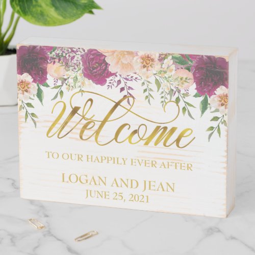 Wedding Welcome to Happily Ever After Pink Floral Wooden Box Sign