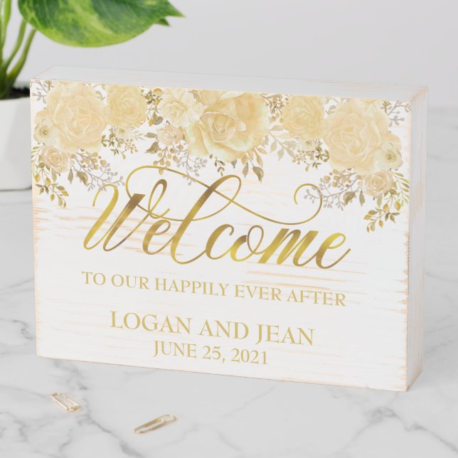Wedding Welcome to Happily Ever After Roses Floral Wooden Box Sign (In Situ Horizontal)
