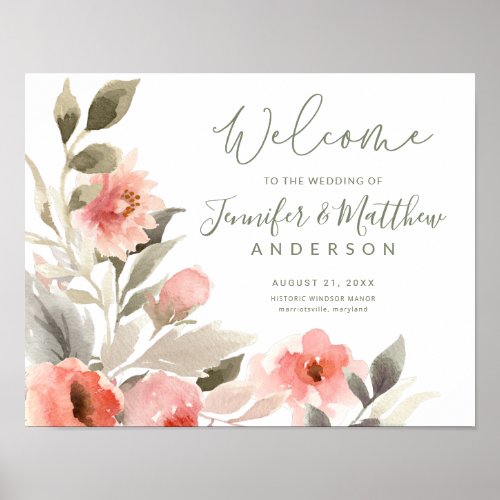 Wedding Welcome Watercolor Blush Rose Floral Sign