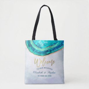 Wedding Welcome Watercolor Teal & Gold Agate Geode Tote Bag