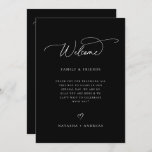 Wedding Welcome Weekend Timeline Program<br><div class="desc">Modern minimalist wedding welcome and weekend event timeline program card in black and white. Template features,  welcome message on front and weekend itinerary timeline on back.  Wedding day icons timeline includes rings,  cocktail,  meal setting,  cake,  music note and car.</div>