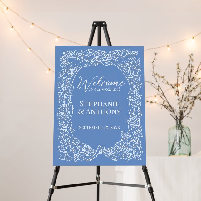 Wedding Welcome Wildflower Blue White Bird Floral  Foam Board (In Situ (Stand))