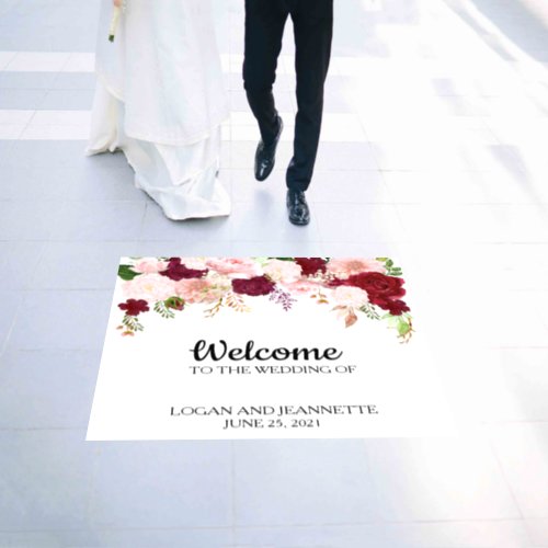 Wedding Welcome Wood Burgundy Blush Floral   Floor Decals