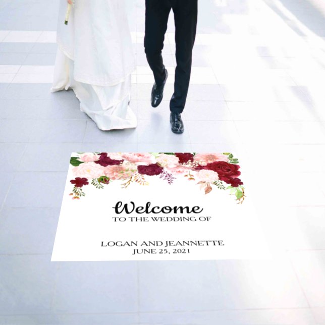 Wedding Welcome Wood Burgundy Blush Floral   Floor Decals (Wedding)