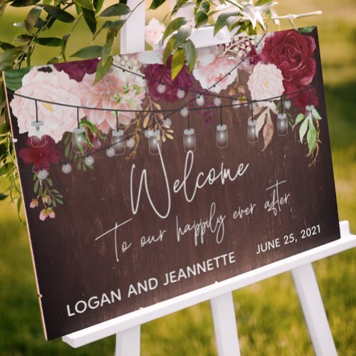 Wedding Welcome Wood Burgundy Blush Floral   Foam Board