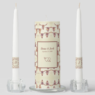 Wedding Western Bull Skull Brown Rustic Vintage Unity Candle Set