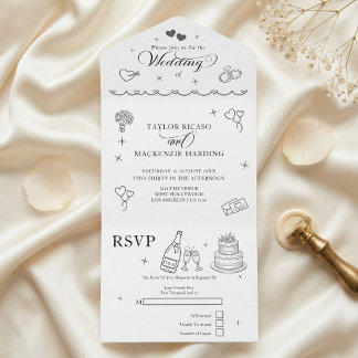 Wedding Whimsical Doodles Grey and White All In One Invitation