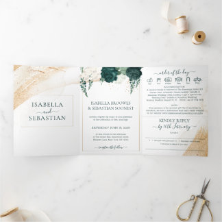 Wedding White All in one set Emerald Green Roses Tri-Fold Invitation