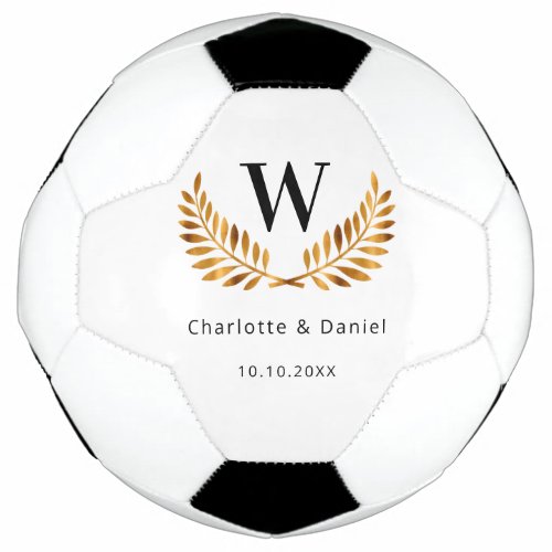 Wedding white black gold laurel wreath monogram  soccer ball