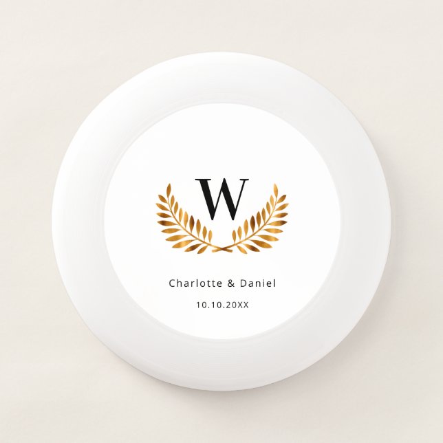 Wedding white black gold laurel wreath monogram Wham-O frisbee (Front)
