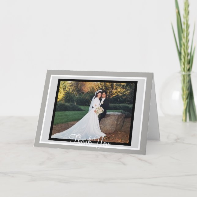 Wedding White Black Grey Photo Thank You Card (Front)