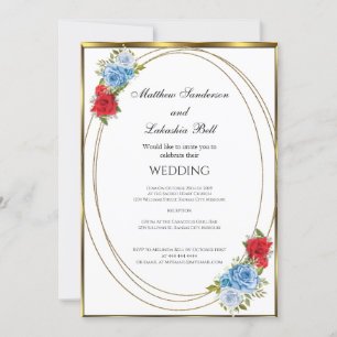 Wedding White Blue Red Flowers gold Elegant Invitation