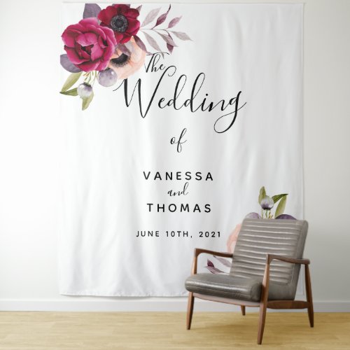 Wedding white burgundy florals photo backdrop