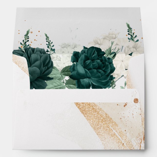 Wedding White Color Emerald Green Rose Floral Envelope (Back (Bottom))