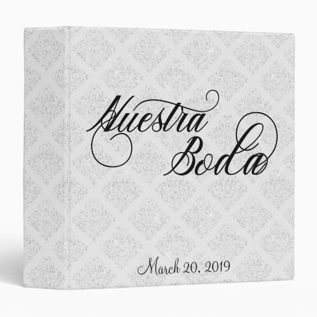 Wedding White Damask Nuestra Boda Spanish 3 Ring Binder (Front/Spine)