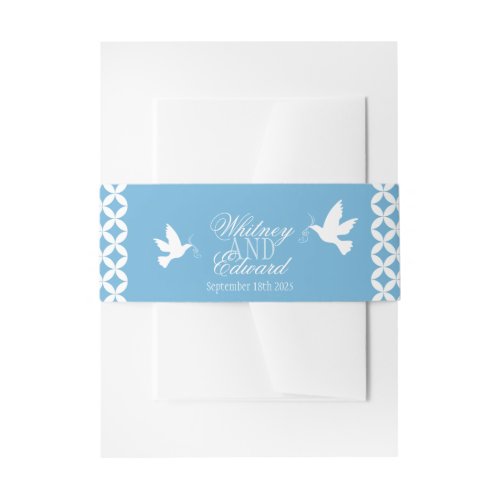 Wedding white doves on blue band invitation belly band