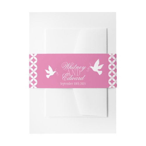 Wedding white doves on pink band invitation belly band