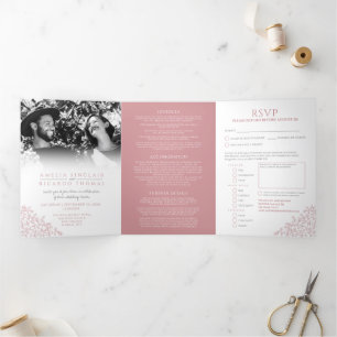 Wedding white dusty pink leaves all-in-one Tri-Fold invitation