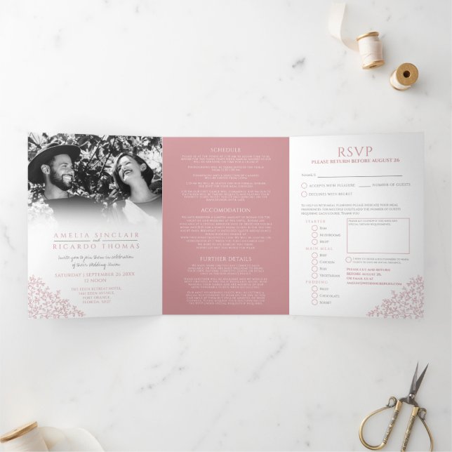 Wedding white dusty pink leaves all-in-one  Tri-Fold invitation (Inside)
