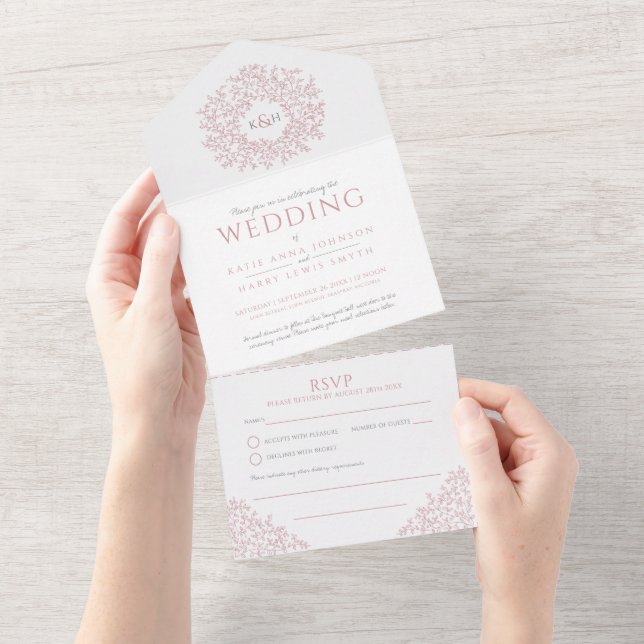Wedding white dusty pink leaves RSVP All In One In All In One Invitation (Tearaway)
