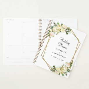 Wedding White Elegant Roses Watercolor Gold Frame Planner