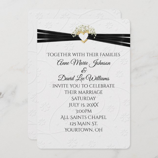 Wedding White Embossed Floral with Heart Invitation (Front/Back)