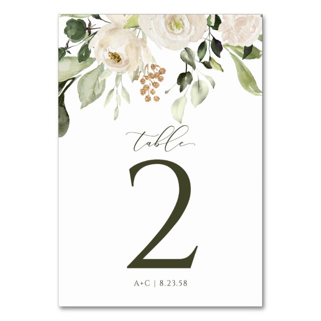 Wedding White Floral Greenery Botanical Gold Table Number (Front)